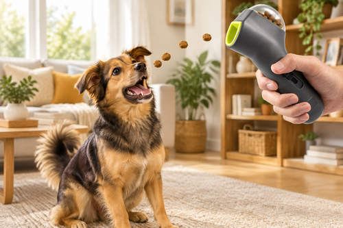 Perro recibiendo snacks del lanzador automático